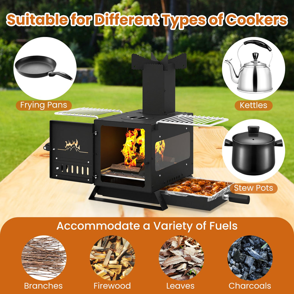 Black mini wood burning stove with pot rack on outdoor table, flames visible in firebox