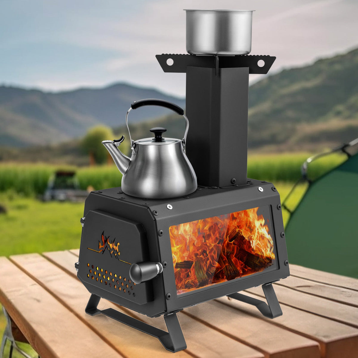 Portable wood-burning camping stove with chimney stack, front flame window, and kettle