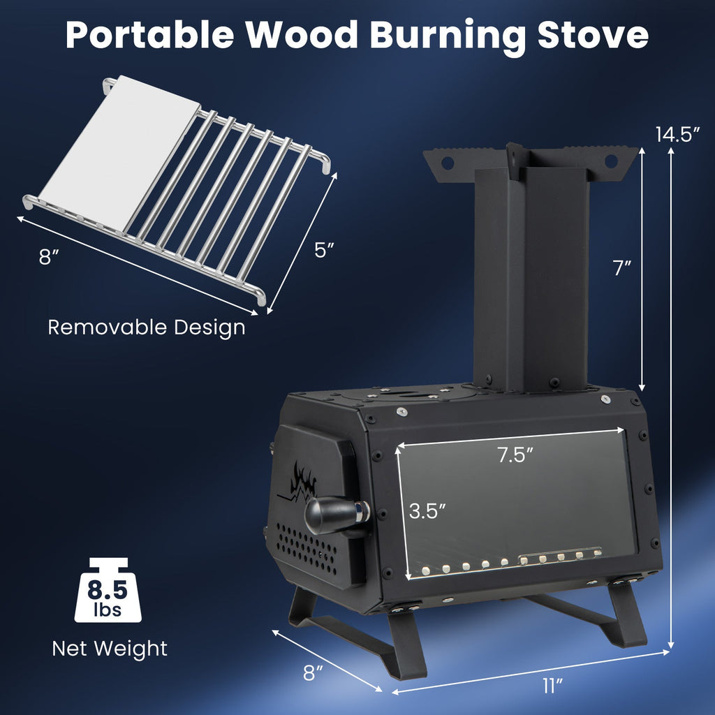 Portable wood-burning stove with removable cooking rack and front flame window