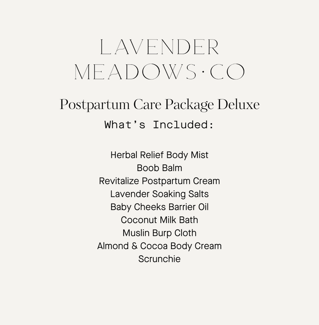 Postpartum care package card listing included items: body mist, balm, salts, oil, and cream