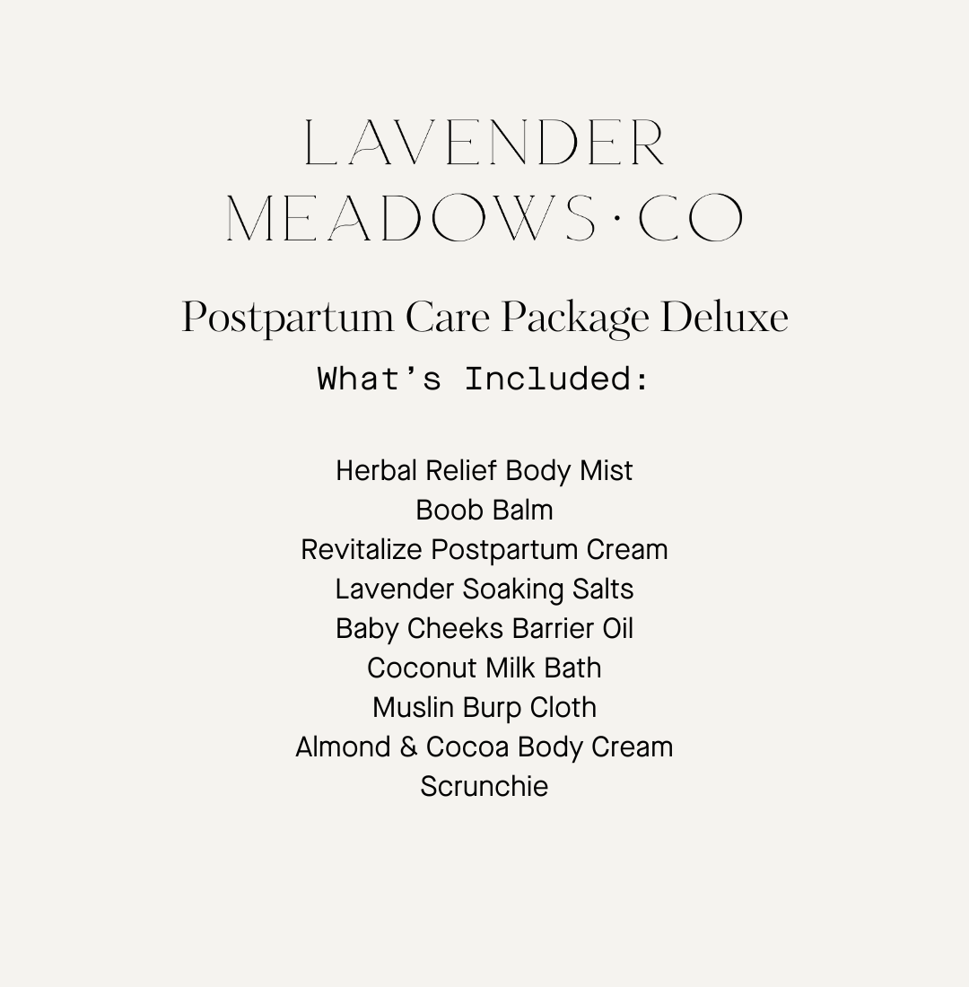 Postpartum care package card listing included items: body mist, balm, salts, oil, and cream