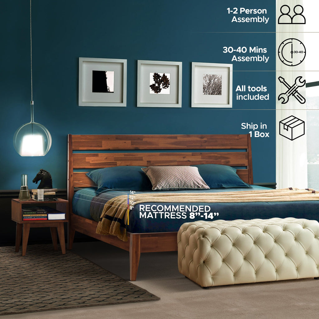 Wood bed frame with slatted headboard and matching nightstand, walnut finish