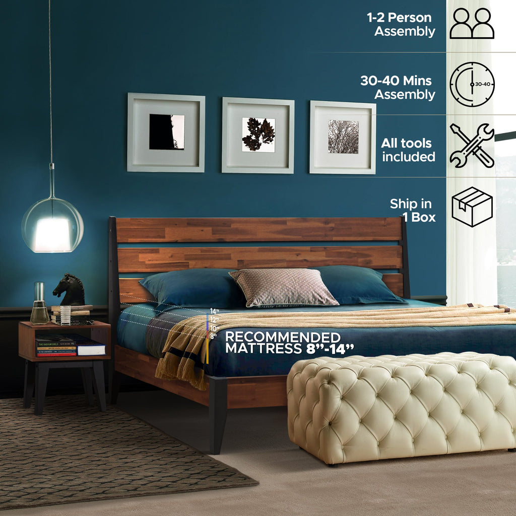 Wood bed frame with matching nightstand and cushioned mattress support platform