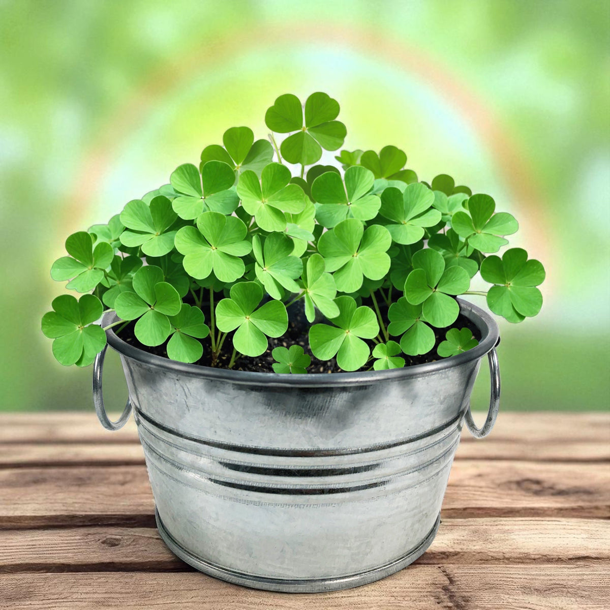 Mature green shamrocks growing in a galvanized metal pot