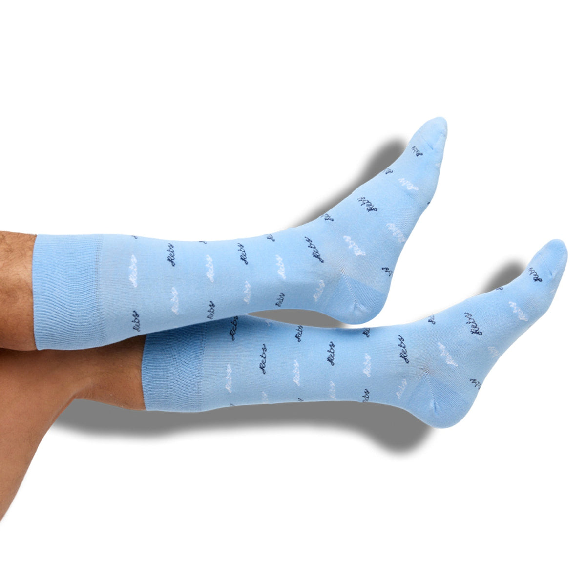 Light blue crew socks with small dark logo text pattern.