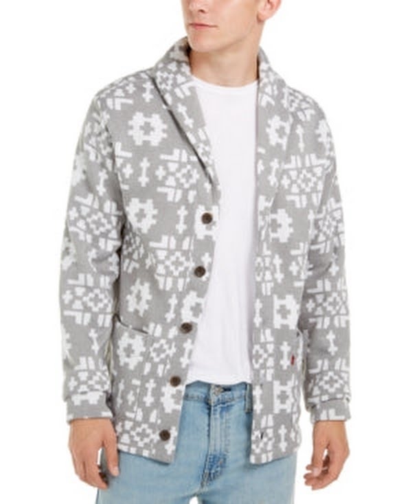 Men's shawl-collar sweater in light gray with white geometric pattern and buttons
