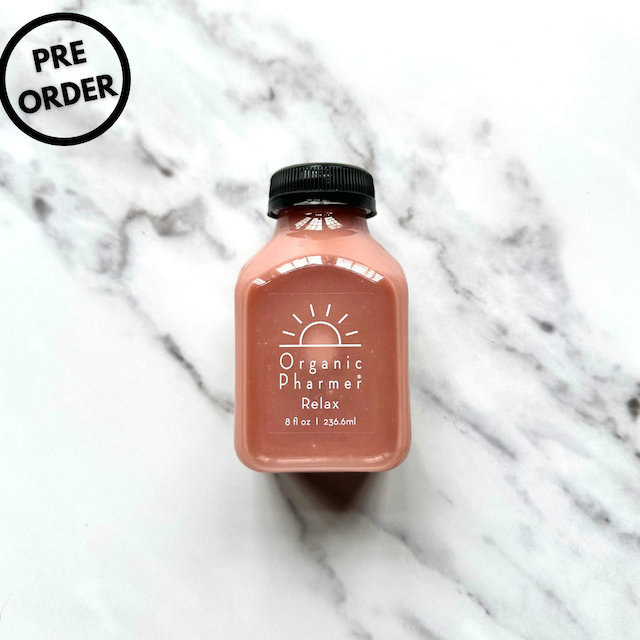 Organic Pharmere Relax beverage bottle, amber pink, black cap, 8 fl oz.