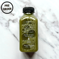 Organic green juice bottle with black cap, 'Alpha Green' front label