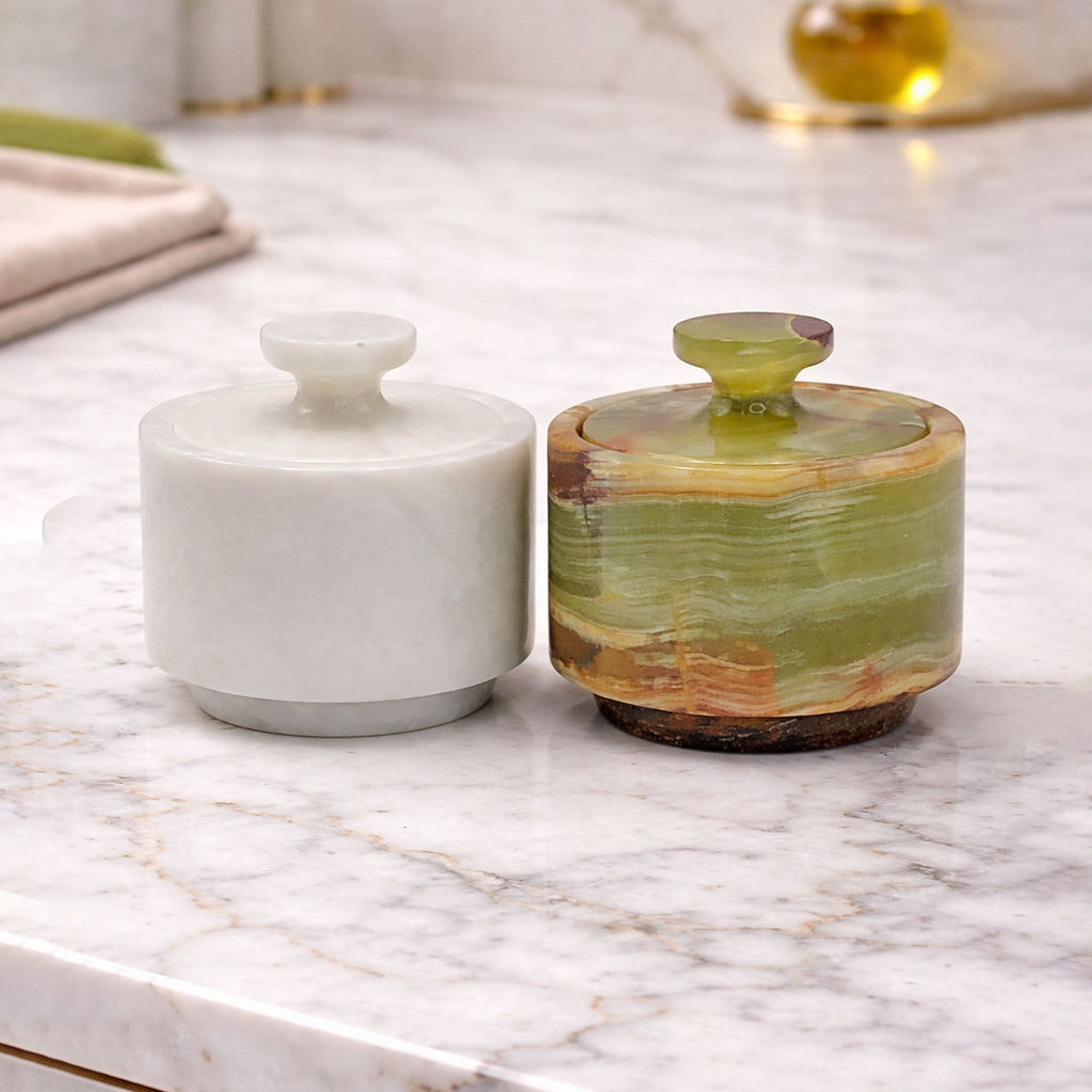 Marble salt cellar set of 2 with lids in white and green swirling stone