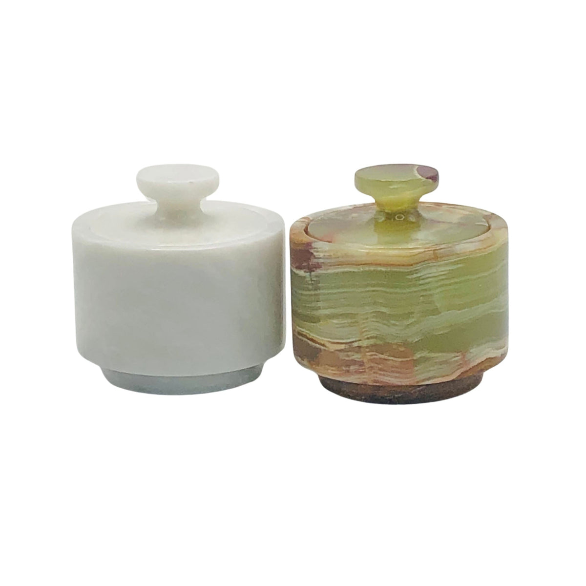 Lidded marble salt cellars set of 2, white base and green marble top