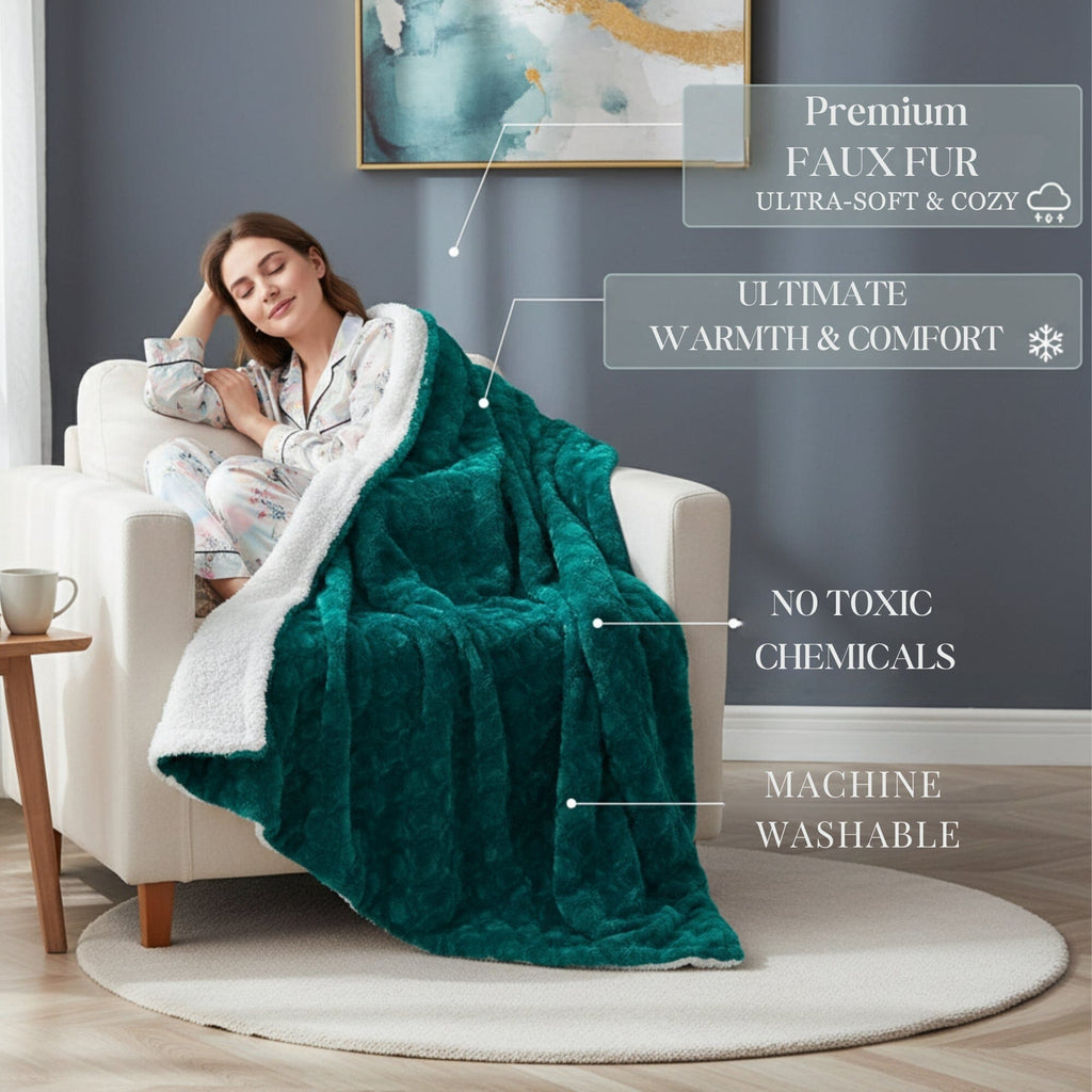 Faux fur sherpa throw blanket draped over a chair, dark teal with white sherpa backing