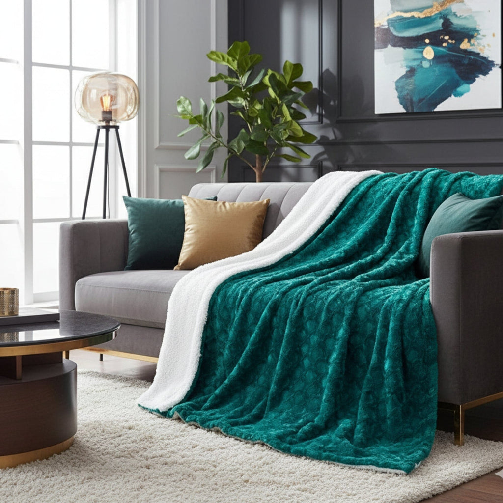 Faux fur sherpa throw blanket with dark teal plush front and white sherpa edge on couch