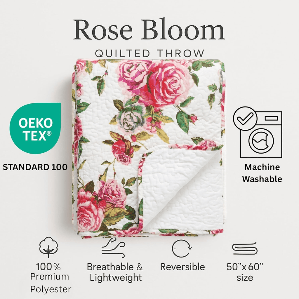 Quilted rose floral throw blanket with white ground and pink flower pattern