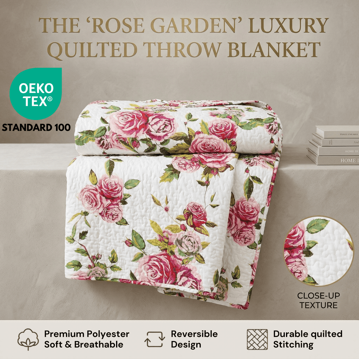 Quilted floral throw blanket, reversible design with white and pink rose print