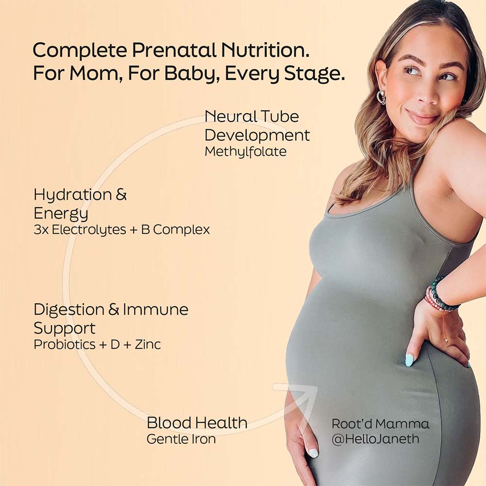 Pregnant woman in a gray tank top with Root'd Mama @HelloJaneth logo