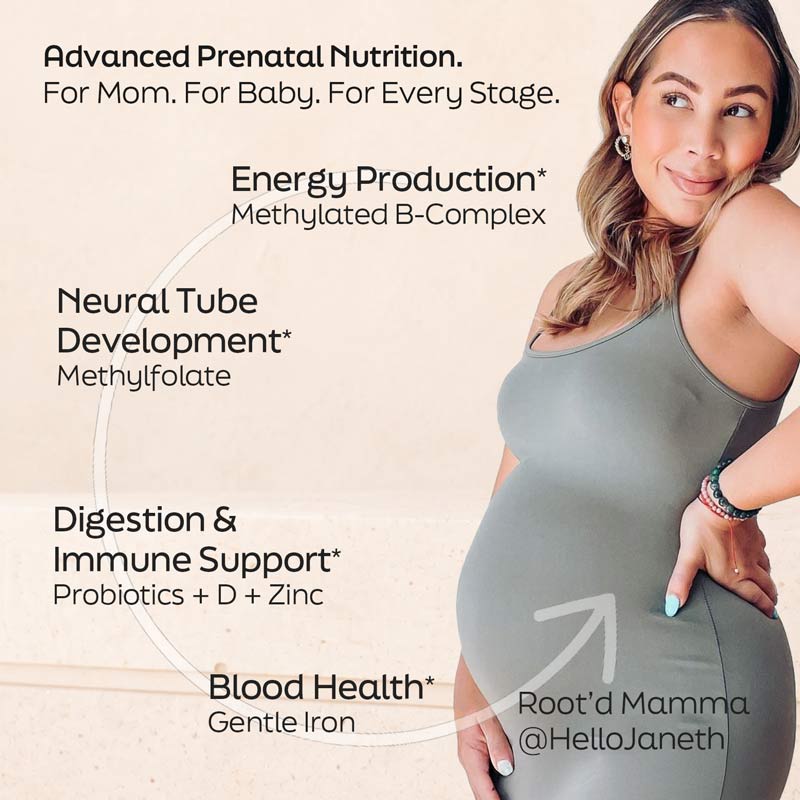 Pregnant woman posing in a gray tank top with Root'd Mama @HelloJaneth logo