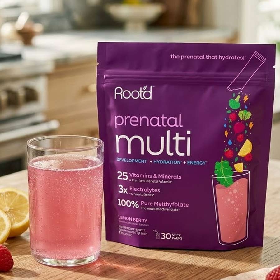 Rootd prenatal multi pouch with Lemon Berry drink in a glass, plus stick pack count.