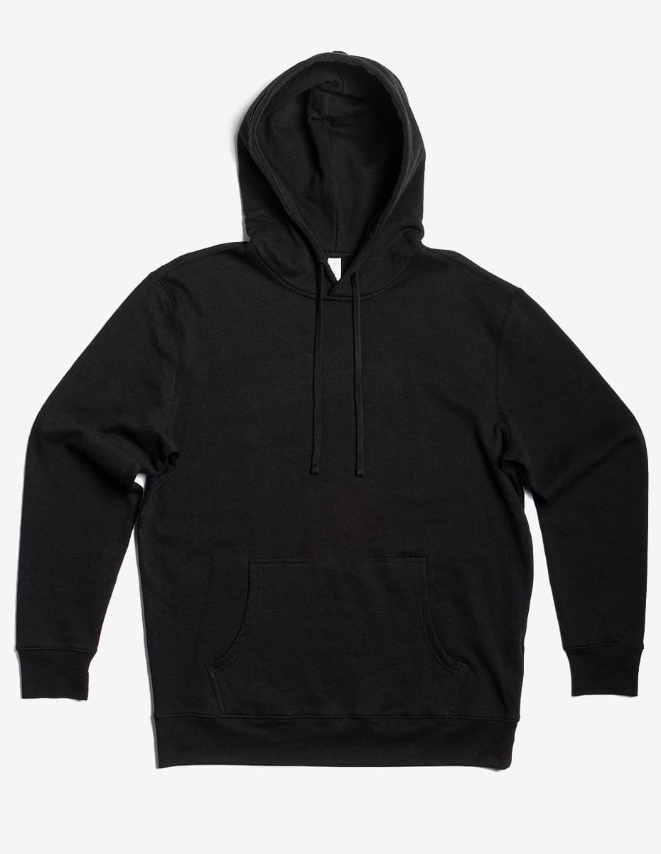 Midweight pullover hoodie in black with drawstring hood and front kangaroo pocket.