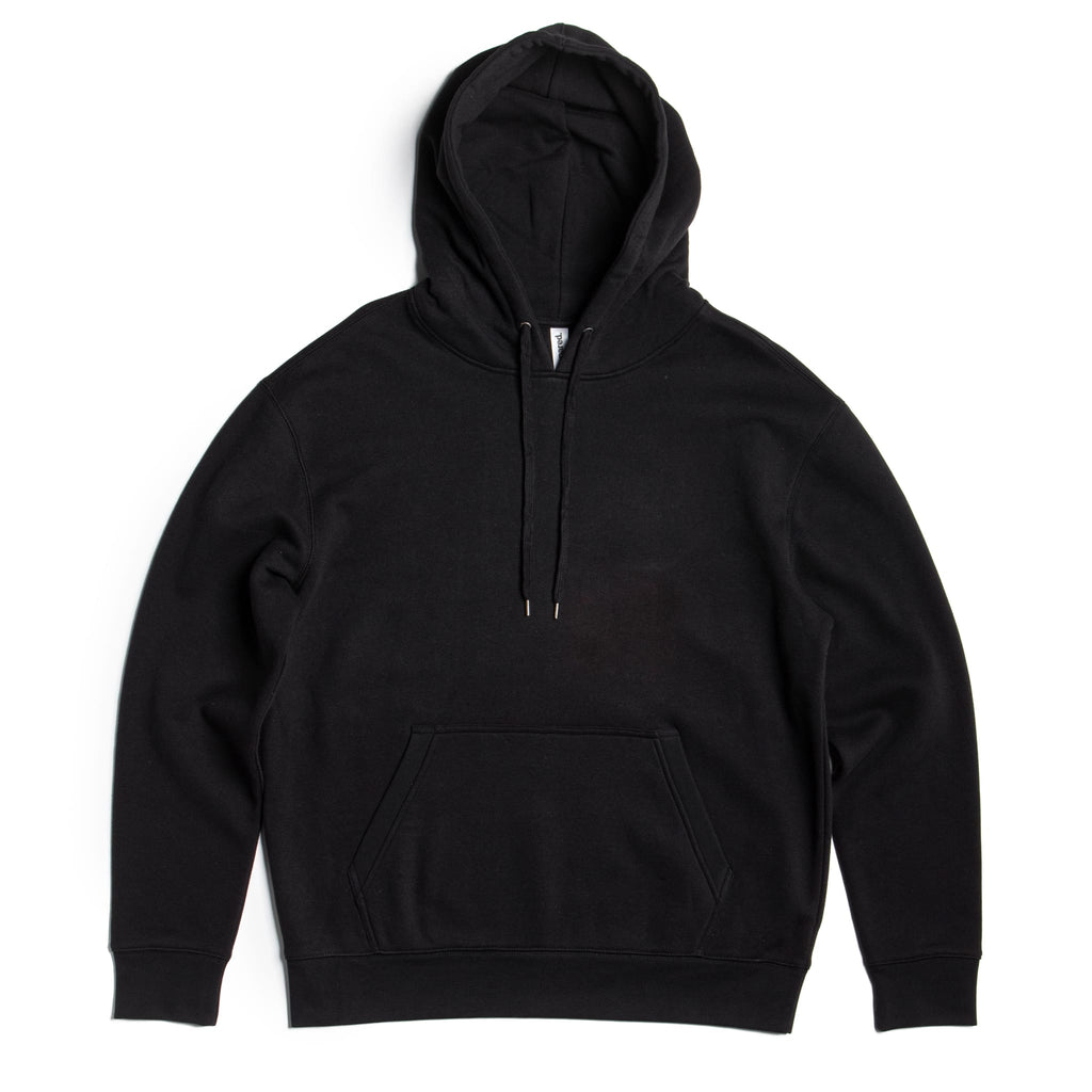Black heavyweight pullover hoodie with drawstring hood and kangaroo pocket, centered view