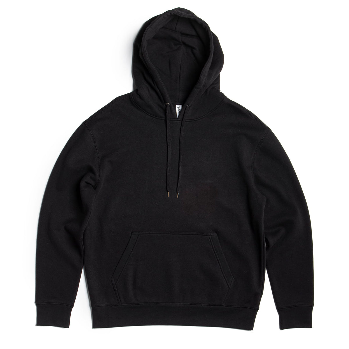 Black heavyweight pullover hoodie with drawstring hood and kangaroo pocket, centered view