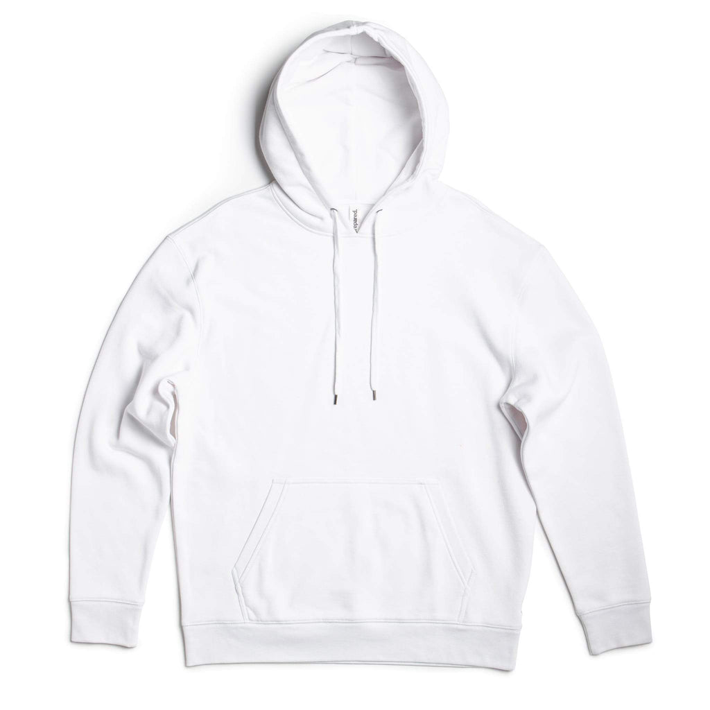 White heavyweight hoodie, hooded pullover with drawstring and front kangaroo pocket