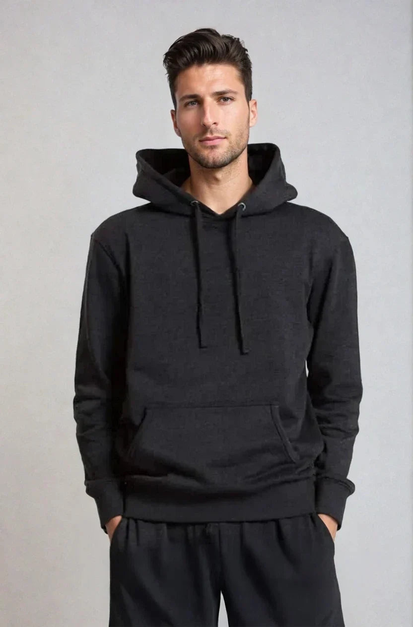 Charcoal heather midweight pullover hoodie with hood and kangaroo pocket, long sleeves