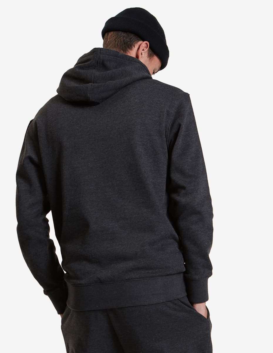 Charcoal heather midweight pullover hoodie, back view with hood and ribbed cuffs