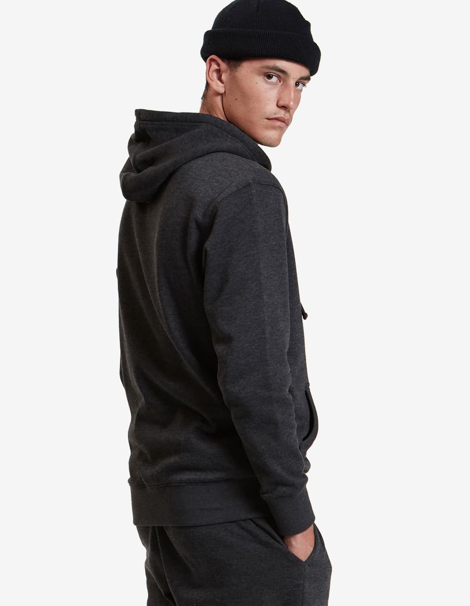 Charcoal heather midweight pullover hoodie with hood and kangaroo pocket, side view