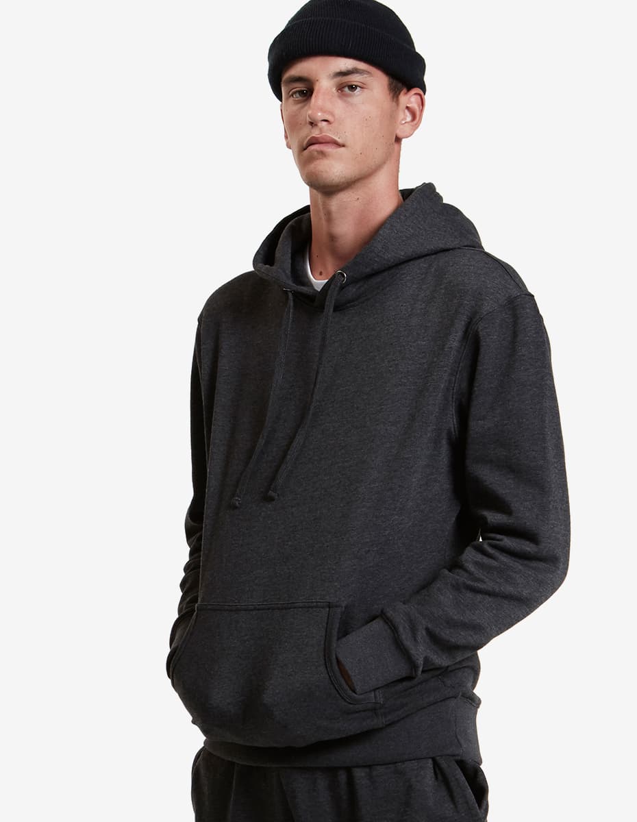 Charcoal heather midweight pullover hoodie, hood with drawstrings and kangaroo pocket