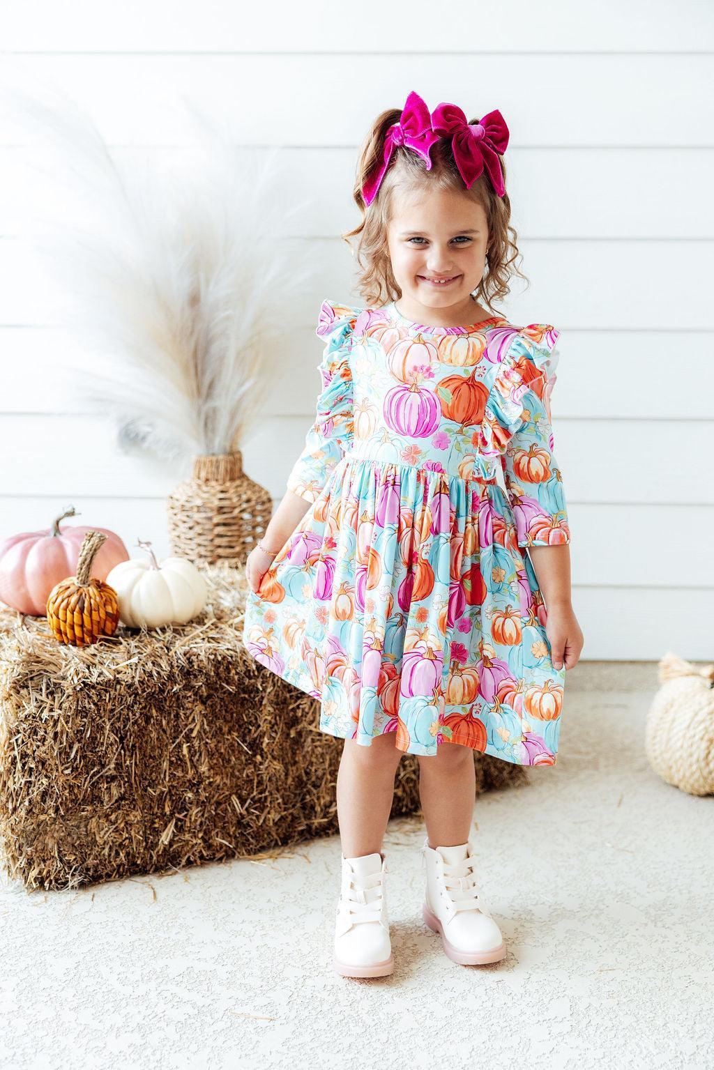 Girls pumpkin print ruffle sleeve twirl dress with gathered waist and flared skirt