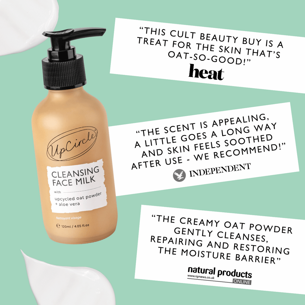 Cleansing face milk bottle with black pump and label, oat and aloe cleanser