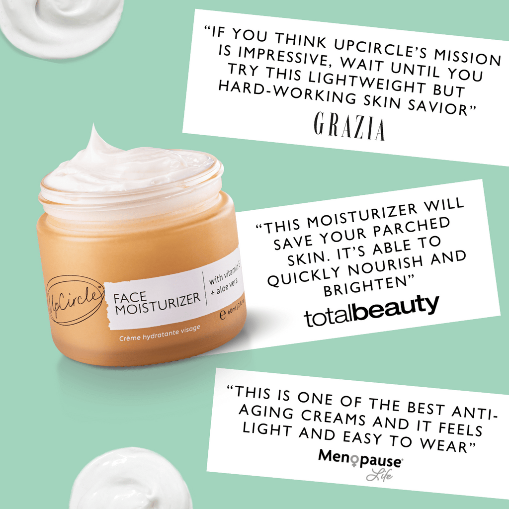 UpCircle face moisturiser jar with vitamin E label and cream inside, amber