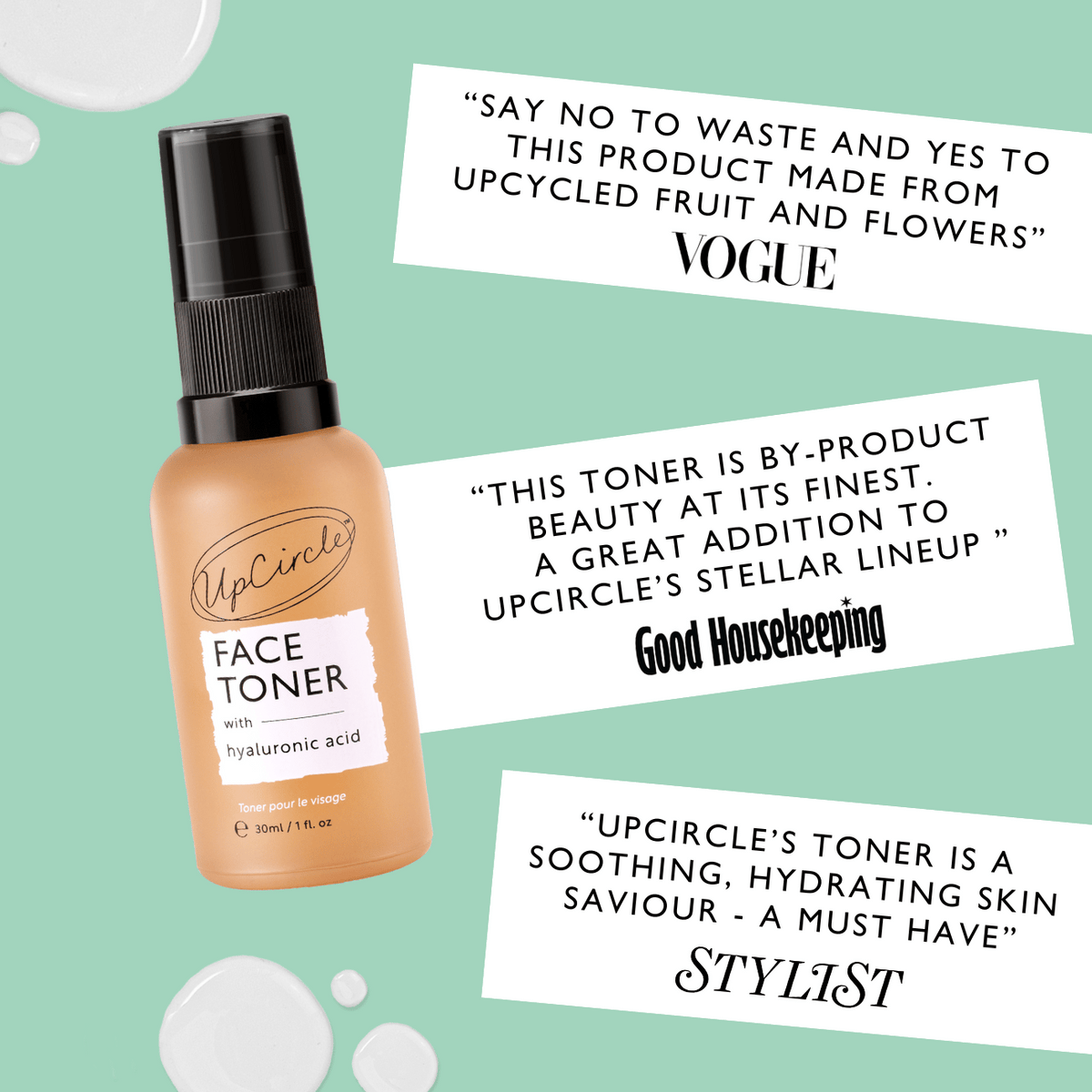 Face toner bottle from UpCircle with dropper-style pump