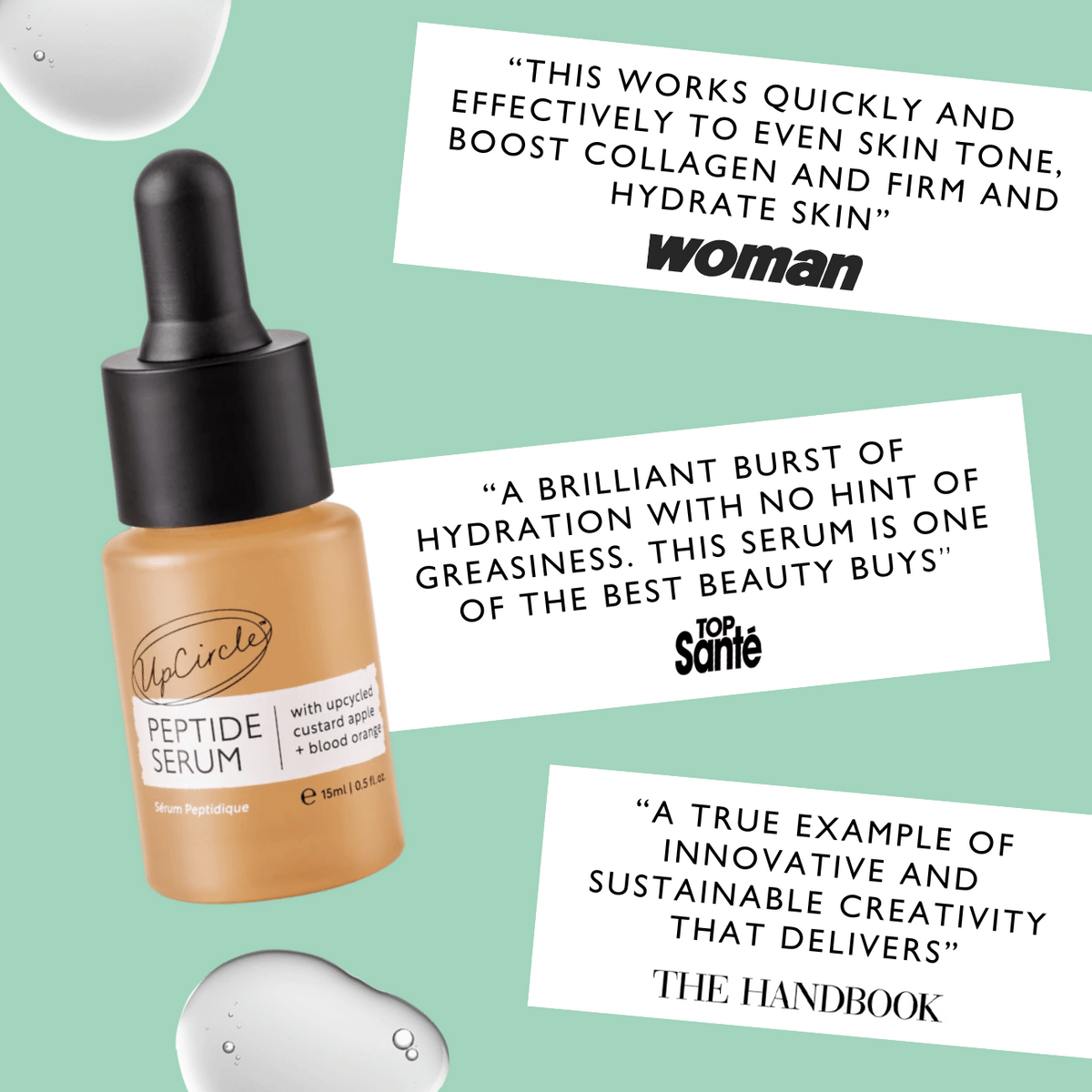 Peptide serum travel bottle with black cap and peach label