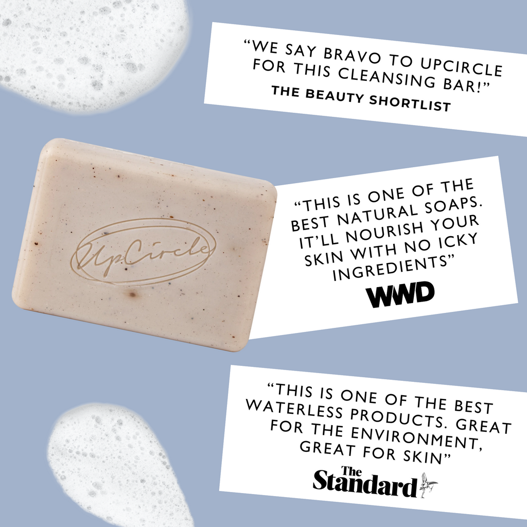 Beige rectangular cleansing soap bar with UpCircle logo stamp
