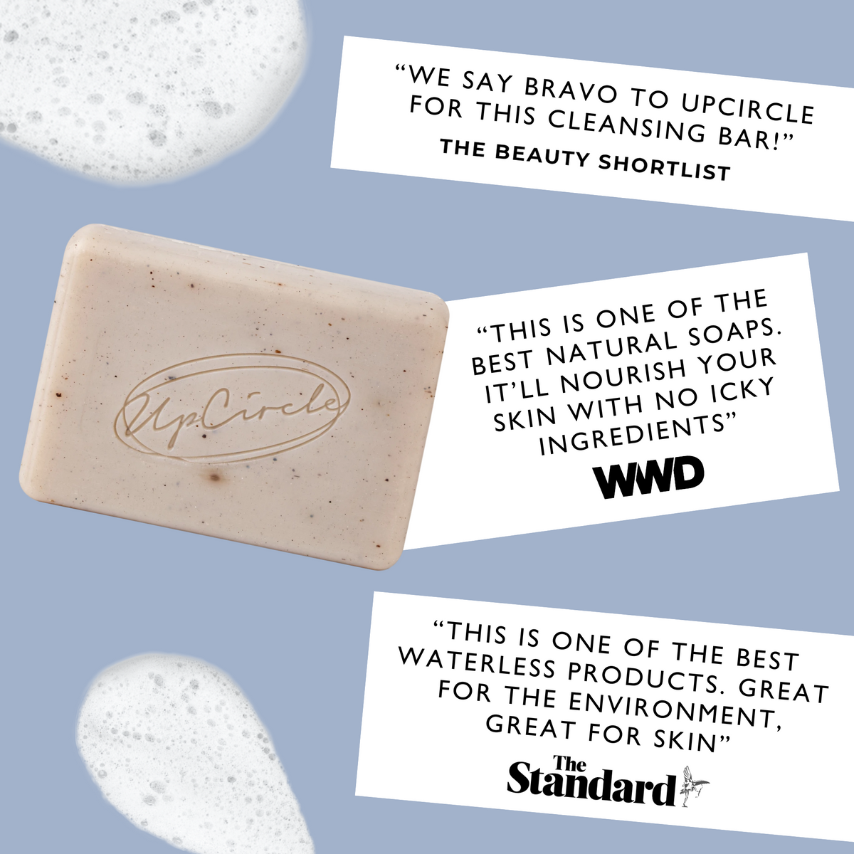 Beige rectangular cleansing soap bar with UpCircle logo stamp