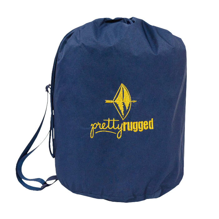 Blue outdoor blanket pouch with carry strap and yellow logo