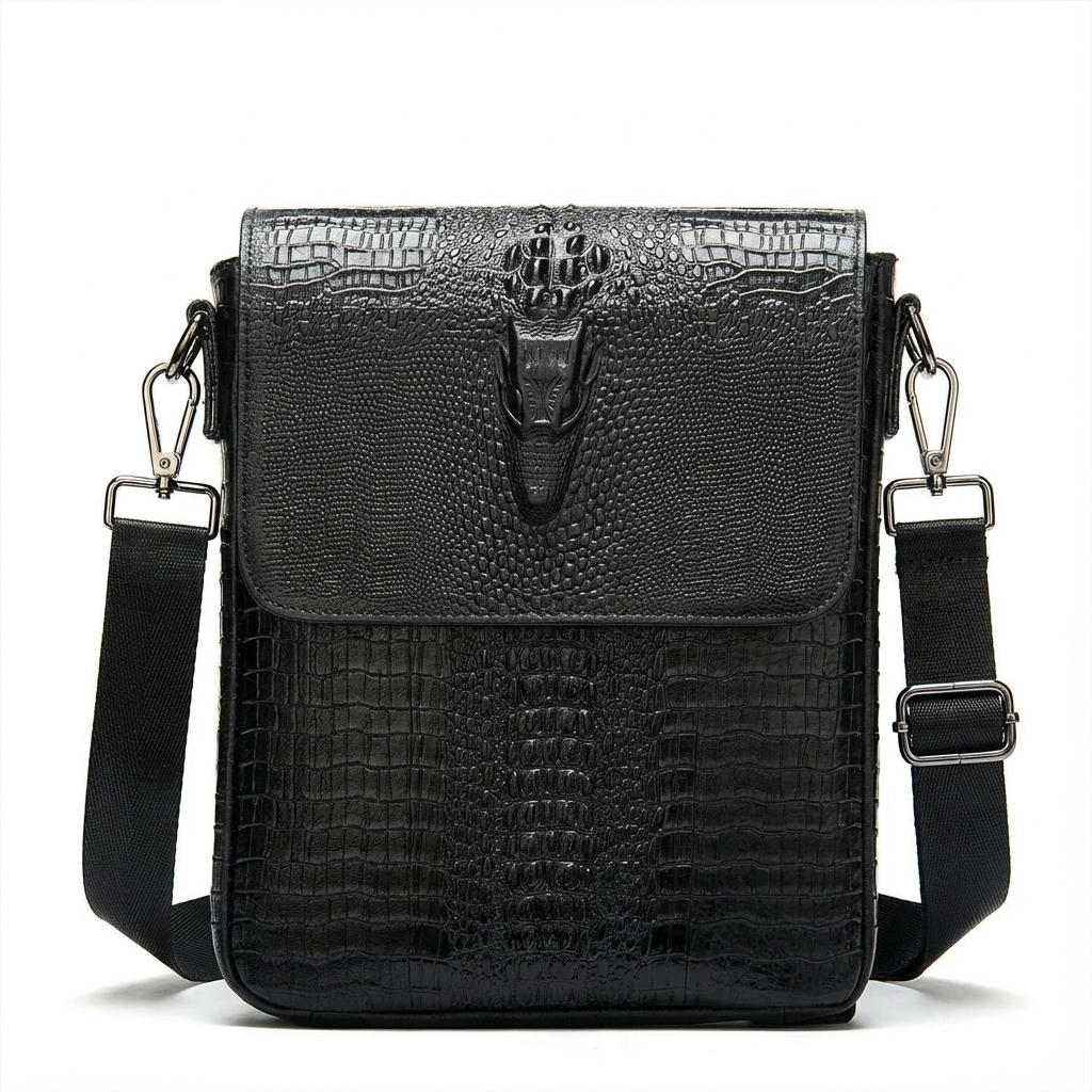 Black croc-embossed leather sling bag with front flap and adjustable shoulder strap