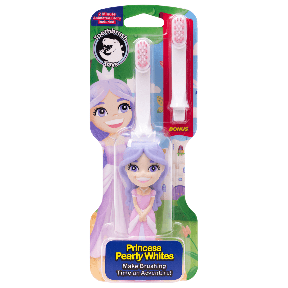 Princess-themed kids toothbrush set with bonus brush, white handle and pink bristles