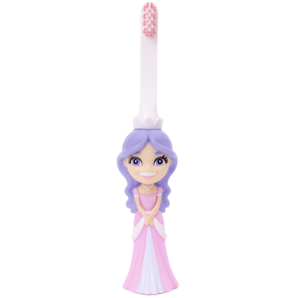 Kids princess-themed toothbrush with white handle, purple ribbon, pink bristles