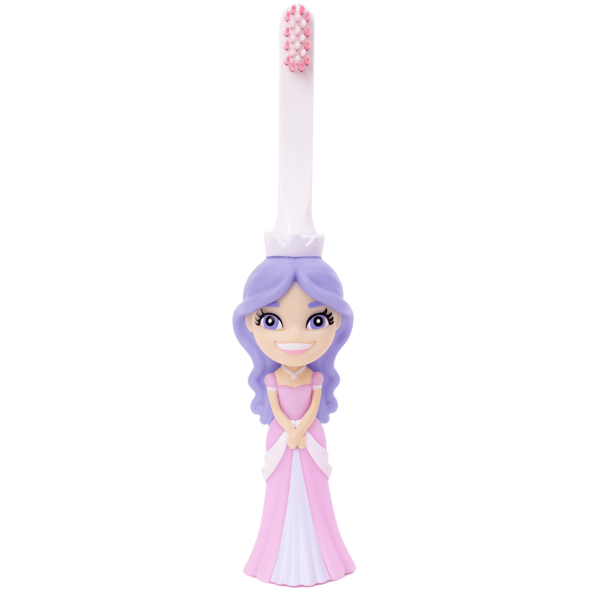 Kids princess-themed toothbrush with white handle, purple ribbon, pink bristles
