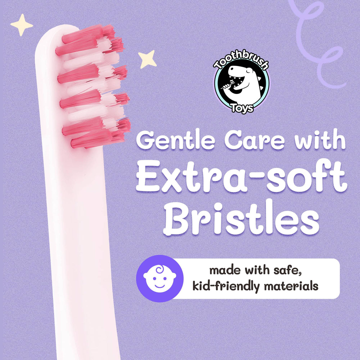 Toothbrush head with extra-soft pink bristles on white handle