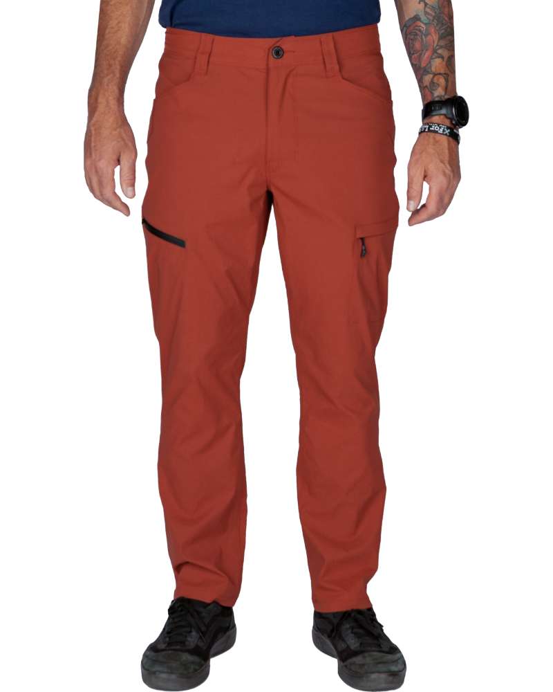 Rust red tapered pants with belt loops, button closure, and side cargo pockets