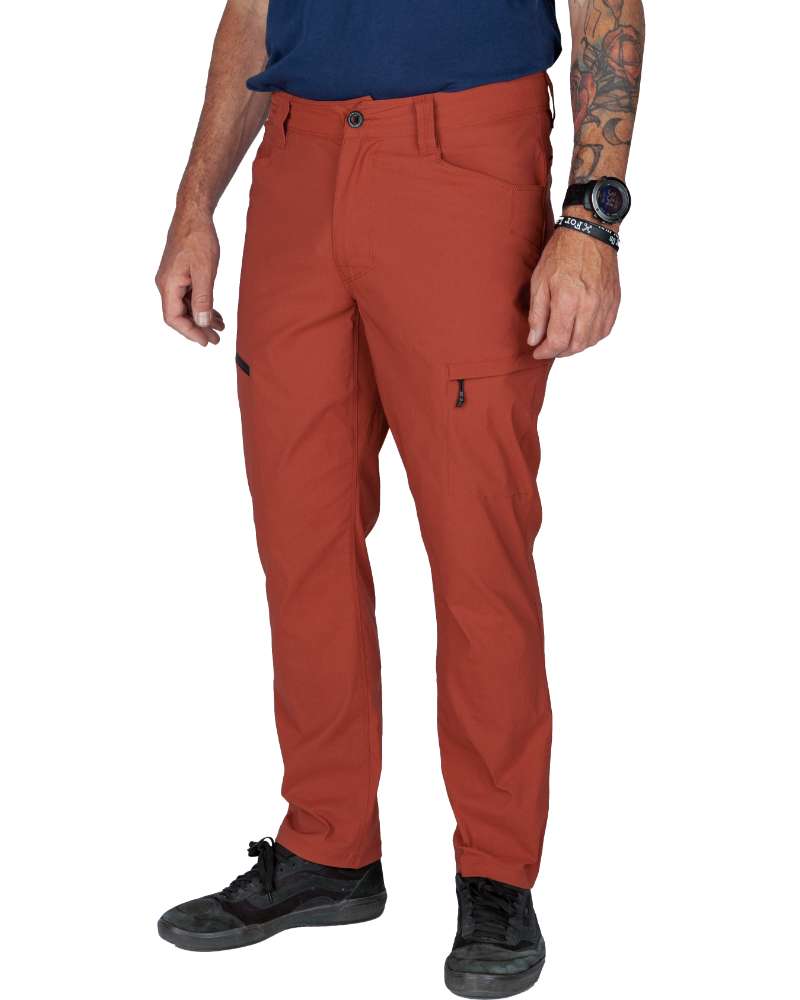 Dark sienna taper-fit pants with button waist and zippered leg pocket