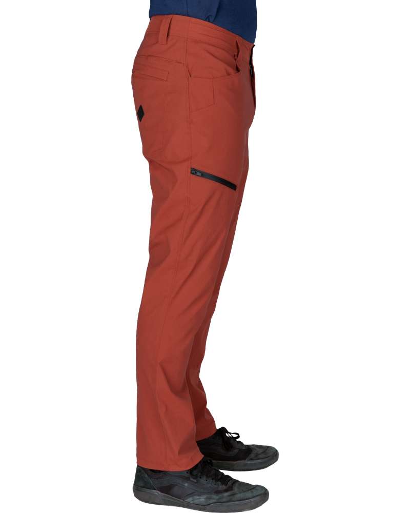Rust red tapered pants side view with cargo pocket and ankle cuff