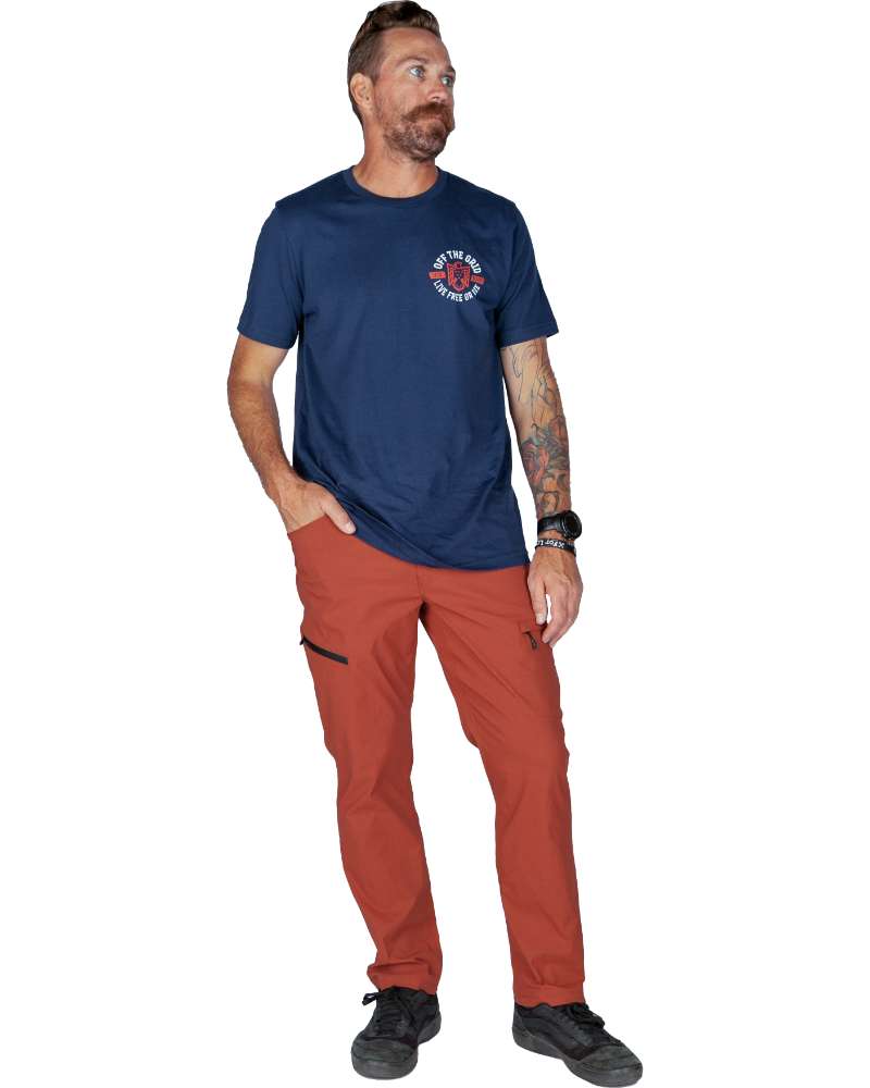 Taper-fit dark sienna pants with belt loops and cargo-style side pockets