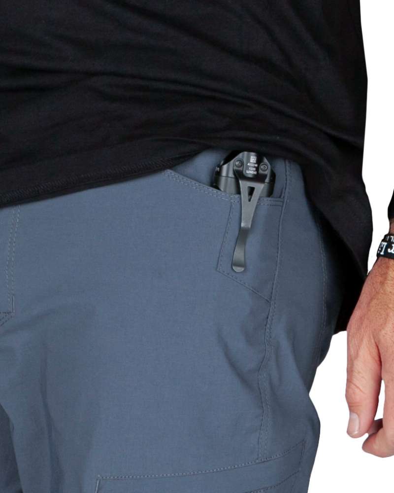 Gray-blue pant pocket with zipper and molded utility slot
