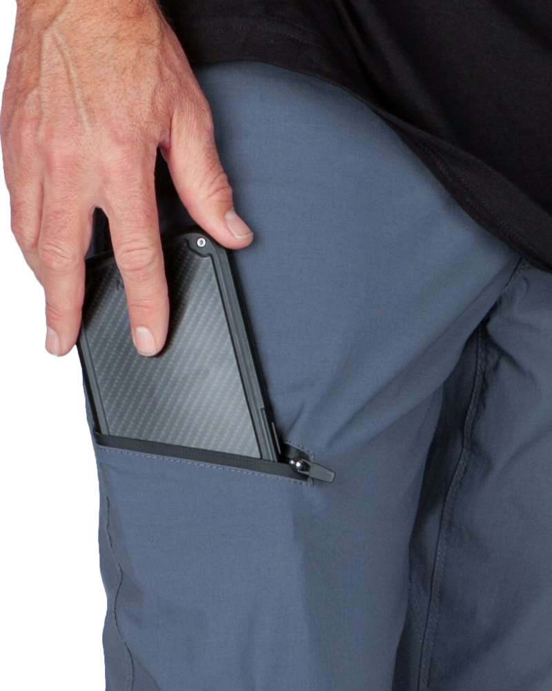 Gray-blue pant pocket with zipper opening and black clip handle