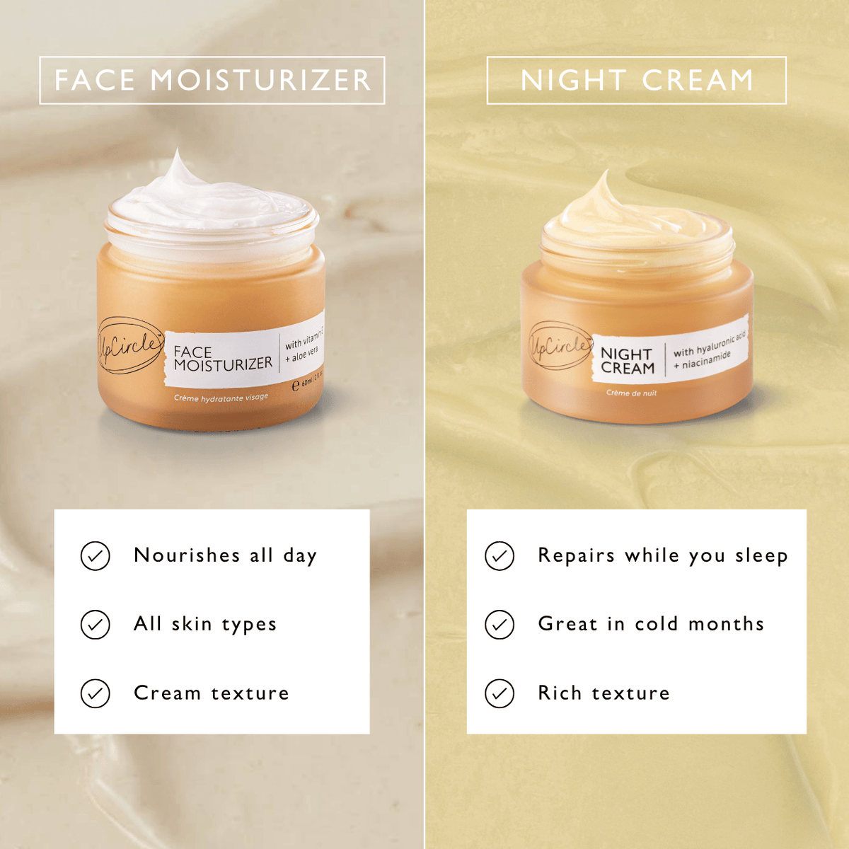 Face moisturizer and night cream jars with creamy texture on split backgrounds