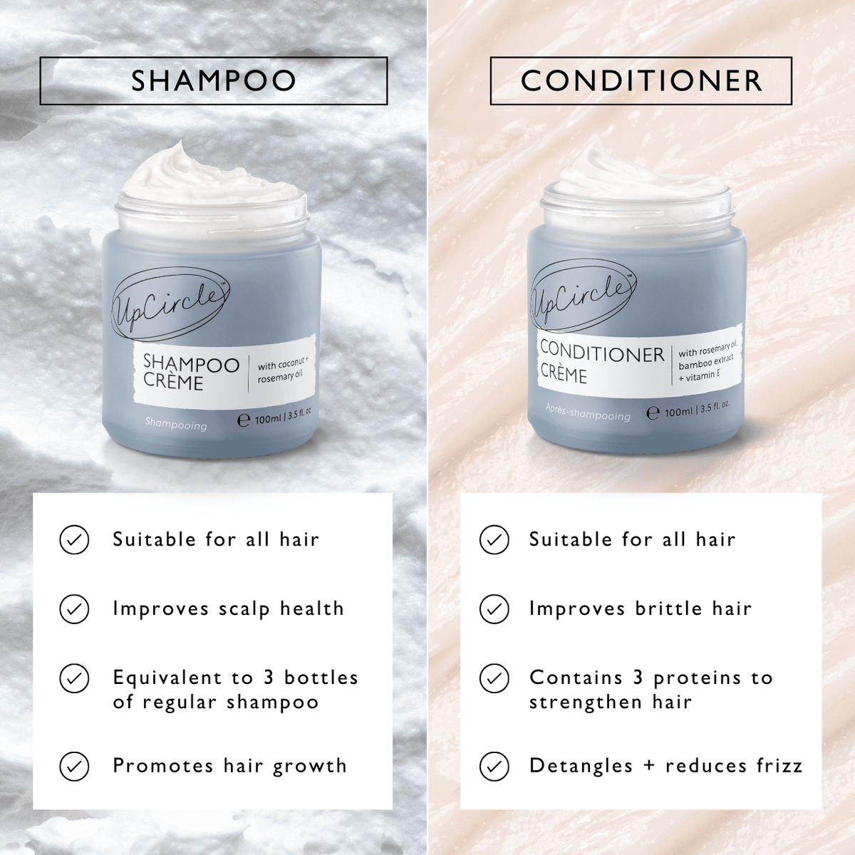 Shampoo creme jar alongside conditioner jar with feature checkmarks